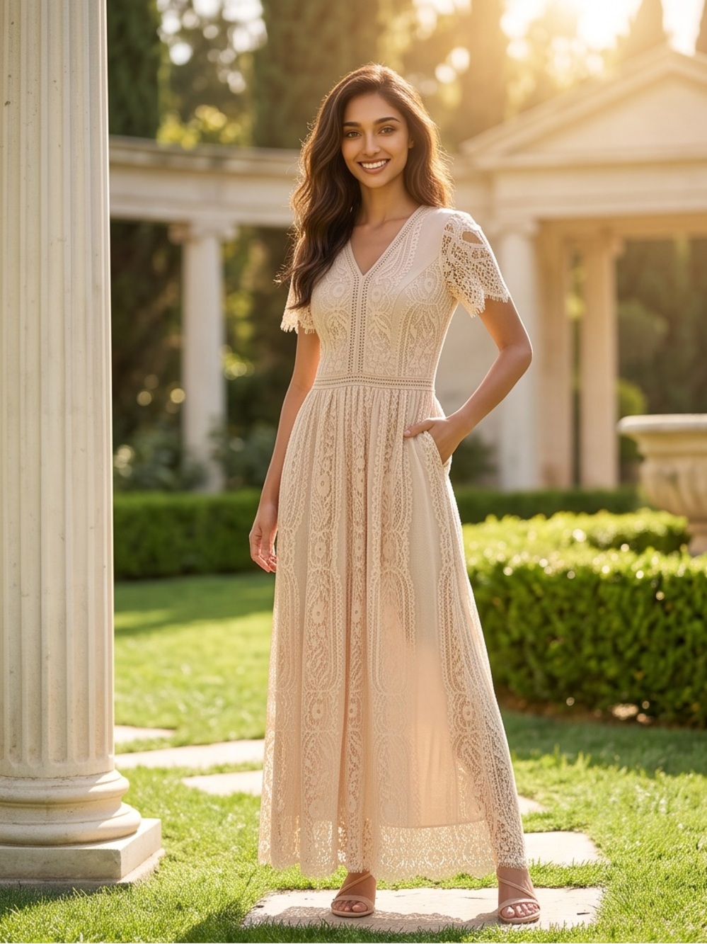 V-Neck Cream Lace Maxi Dress with Short Sleeves